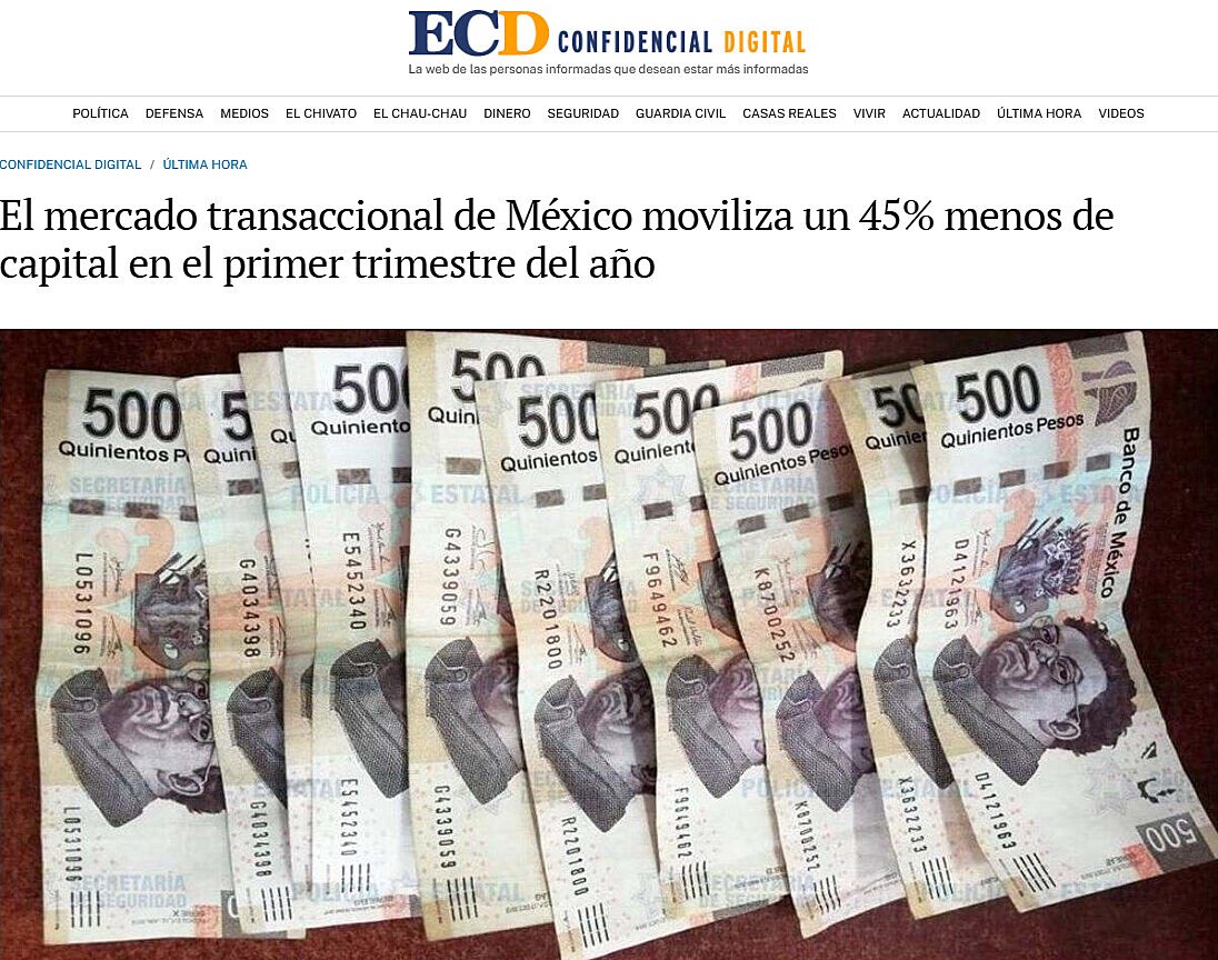 El mercado transaccional de Mxico moviliza un 45% menos de capital en el primer trimestre del ao